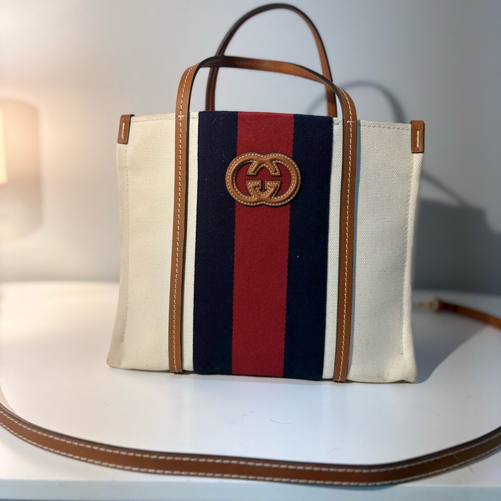 Gucci Cream and Red Tote Bag with Gold GG Hardware